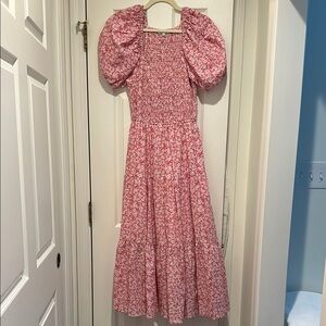 Moon River Pink Smocked Midi Dress Puff Sleeves